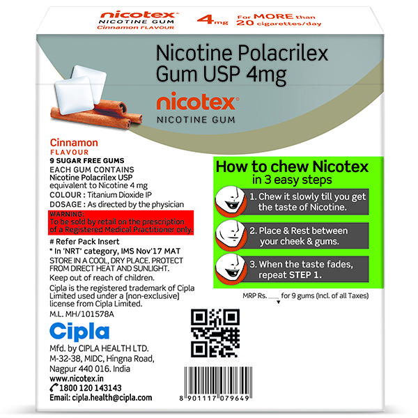 Nicotex Cinnamon Flavour Sugar Free 4Mg Chew Gum